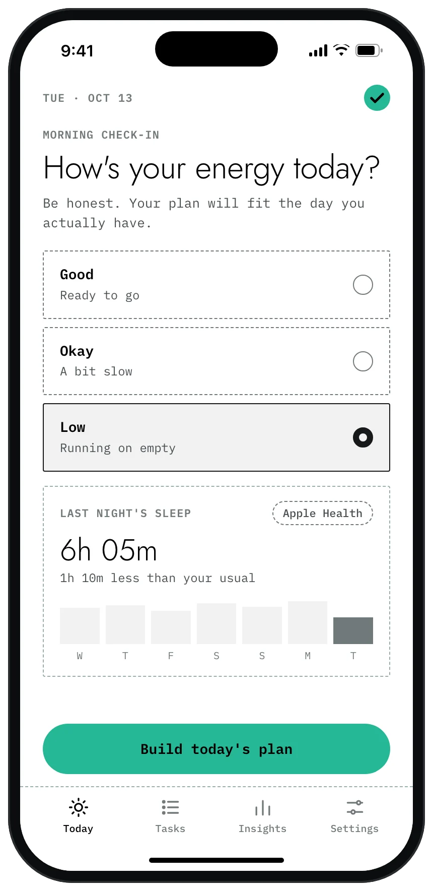 Morning check-in screen: energy set to Low, with last night's sleep of 6h 05m from Apple Health.