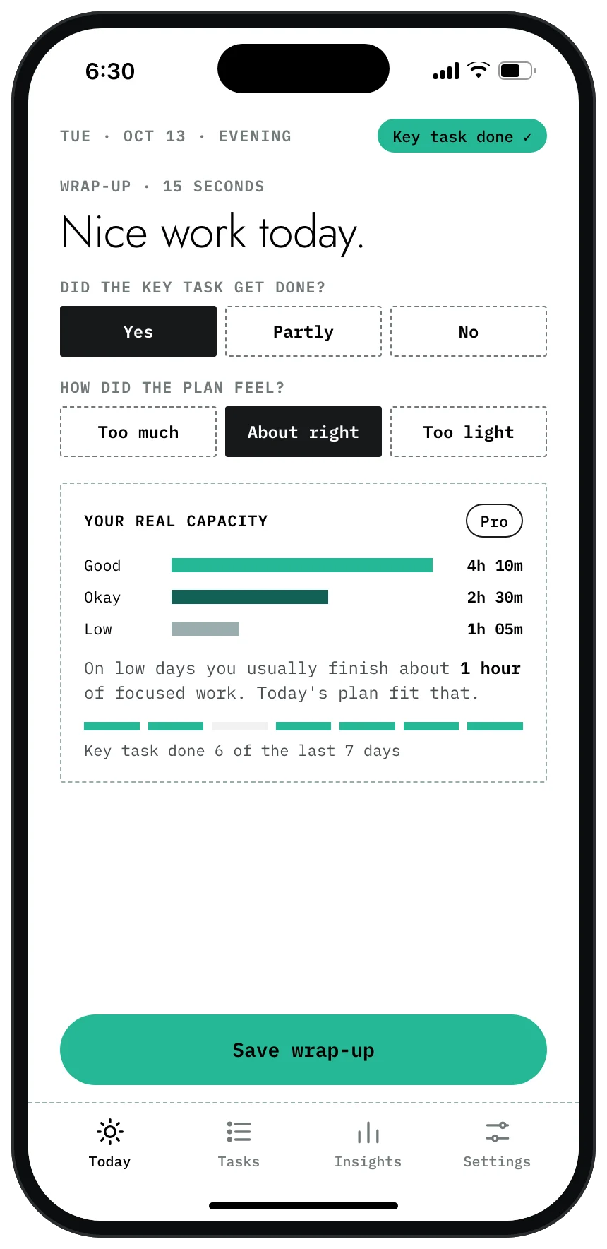 Evening wrap-up screen: key task done, plan felt about right, and a chart of focused work by energy level.
